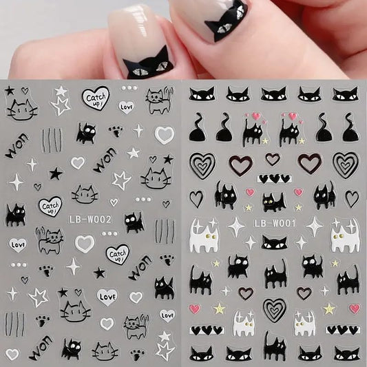 Cute Nail Art Stickers Cute Cat Self-Adhesive DIY Nail Decals Black White Cat Nail Stickers for Nail Art Kawaii Cat Nail Art Decals Heart Nail Art Design Decoration for Women Nail Decorations 2PCS