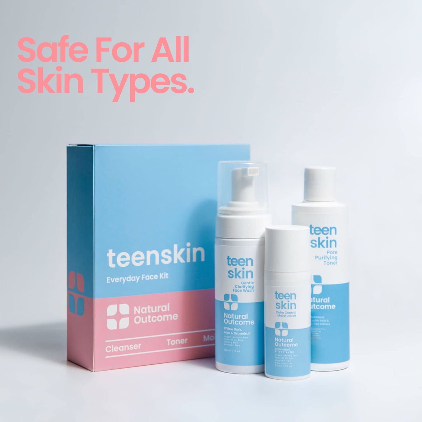 Natural Outcome Teen Skin 3-Step Skin Care Kit | Daily Boys & Girls Skin Care Regimen | Face Wash, Toner, & Moisturizer | Perfect for Teens Preteens & Kids Looking to Prevent Acne | 3 Pc