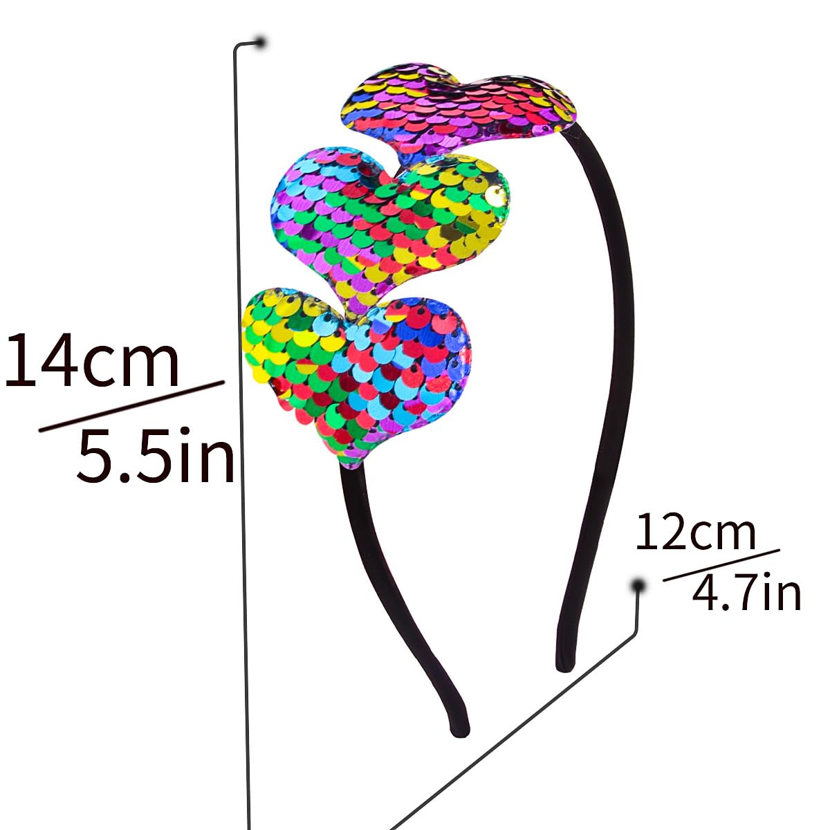 Multiple Colors Valentines Day Heart Headband Three Heart Sequin Heart Headband Love Hair Band Hoop Glitter Shaped for Christmas Party Valentine's Day Hair Access (Colour)