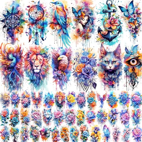 Glaryyears Watercolor Temporary Tattoos for Women Adults - Pattern A, 52 pcs