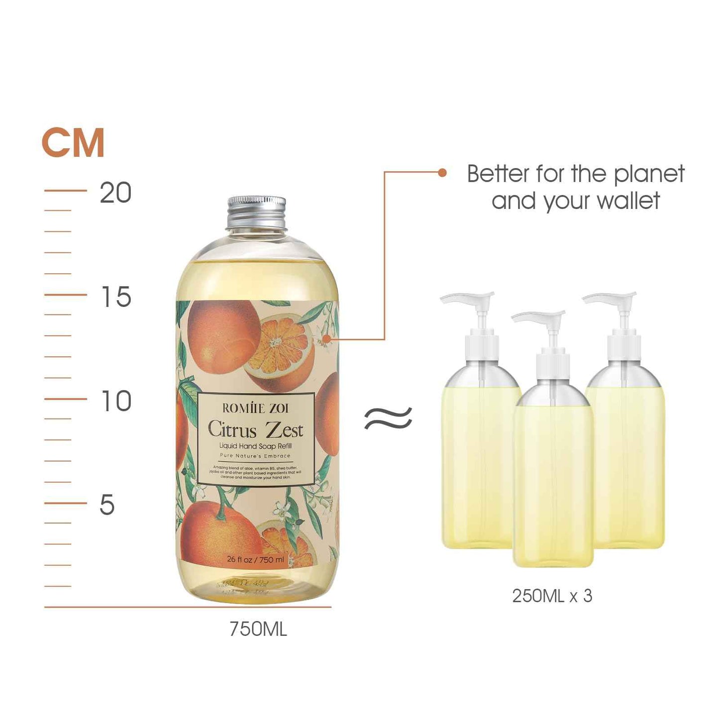 ROMIIE ZOI Liquid Hand Soap Refill Gift Set – 3 Pack (26 Fl Oz Each), Citrus Zest Scent – Moisturizing, Biodegradable & Cruelty-Free Formula with Essential Oils for Sensitive Skin