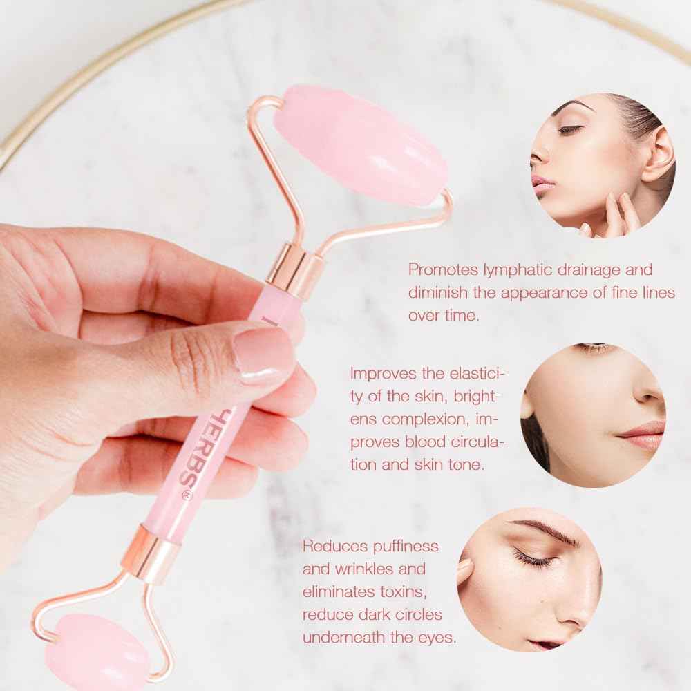 NEUTRIHERBS Jade Gua Sha & Face Roller & Vitamin C Serum Facial Tool Set(3 in 1 Kit), Home Face Massager for Wrinkle,Fine Line,Puffiness,Firm Smooth Relax Skin -- Pink