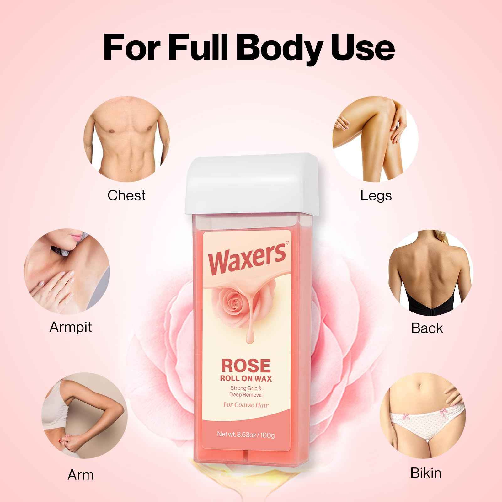 Waxers Roll on Wax Kit Professional Soft Wax Roller Depilatory for Coarse & Thick Hair Removal Waxing Roller Cartridge for Women Men at Home Rose
