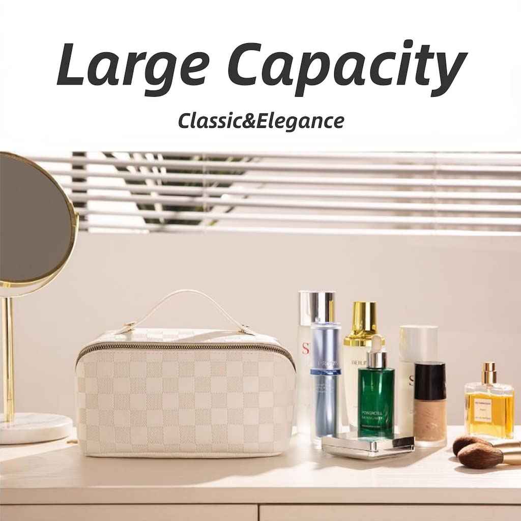 BIVIZKU Large Capacity Brown Checkered Makeup Bags Portable Travel Cosmetic Bags Open-Flat Toiletry Bag for Women Girls Make Up Organizer with Divider Pouch Zipper Bag (white-checkered)