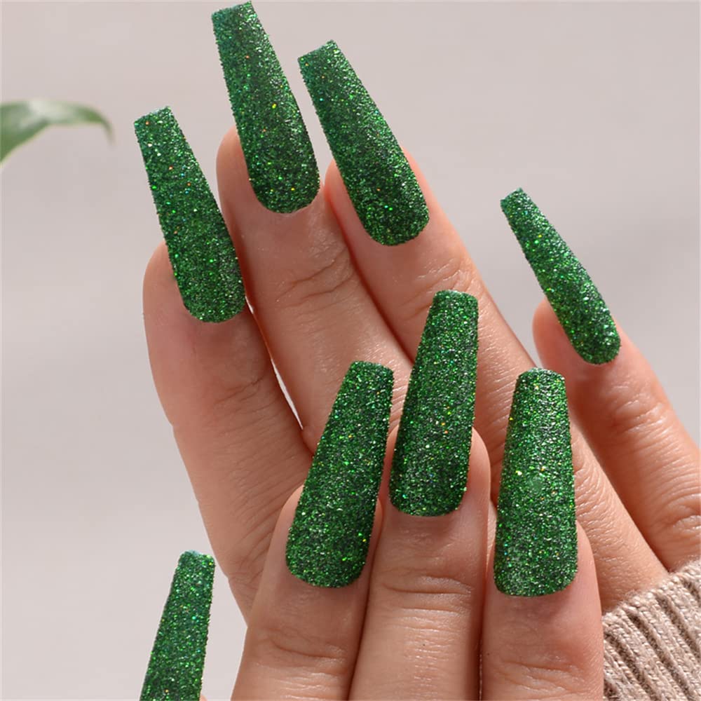 Sparkly Shiny Long Coffin Press On False Nails Medium Length Full Cover Acrylic Fake Nails Ballerina Nails for Women Lady Fashion Nails for Nail Salons and Home DIY Nail Art 24PCS (BKS1195 Dark Green)