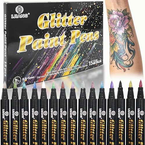 IJIANG 15 Metallic Glitter Tattoo Markers - Skin-Safe & Washable