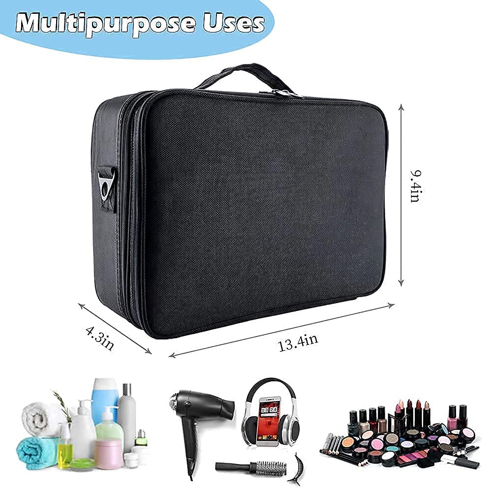 gzcz Travel Makeup Train Case 13.5 Inches Professional Makeup Bag Portable Cosmetic Case Organizer Brush Artist Storage Bag With Adjustable Dividers for Make Up Accessories (M-Black)