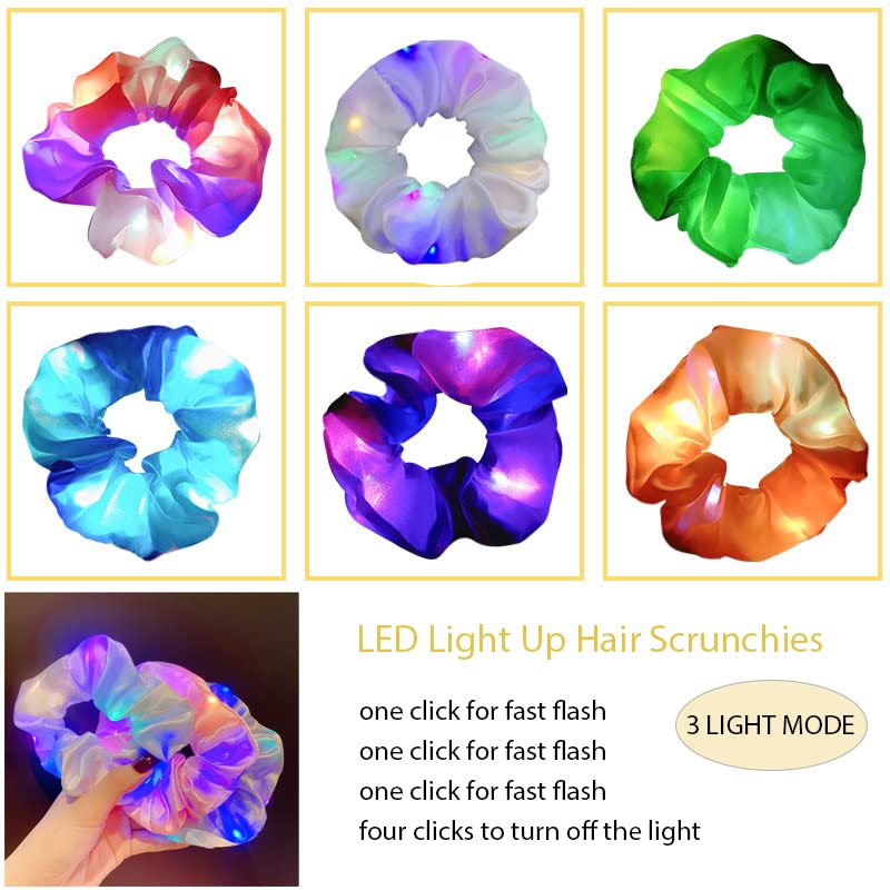 WATETTY LED Scrunchies 6-Pack Neon Hairbands with 3 Light Modes for Girls Women Parties