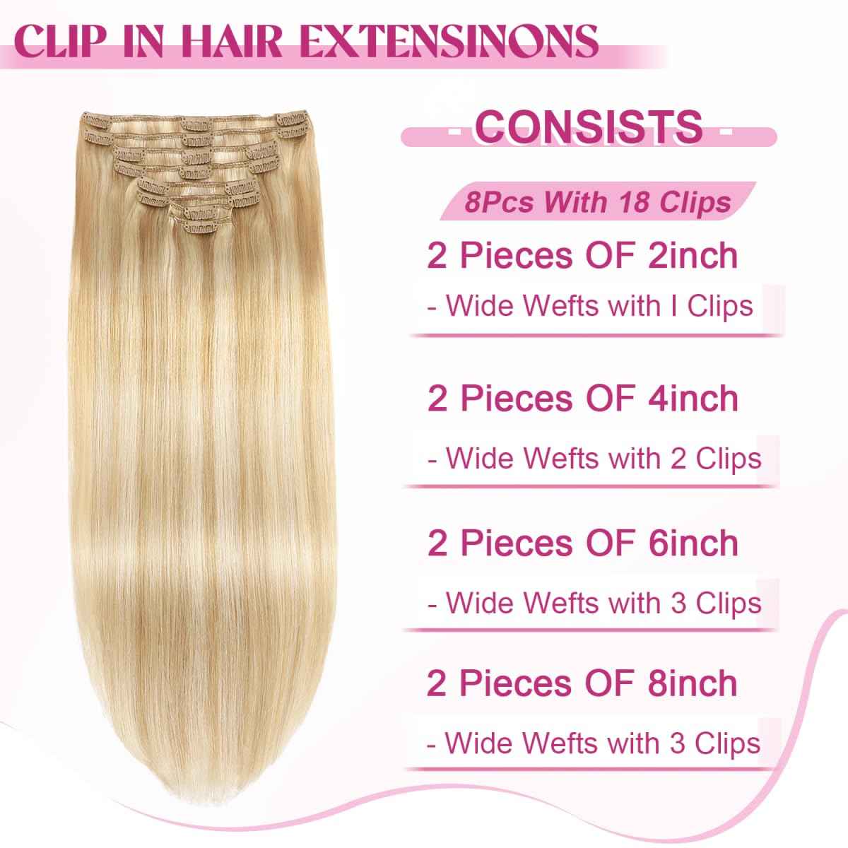 POGINJA Clip in Hair Extensions Real Human Hair, Remy Human Hair Extensions Clip ins for Women, 100% Natural Human Hair, Double Weftm, 14inch 80g 8Pcs, #18/613 Dark Blonde Highlighted Bleach Blonde