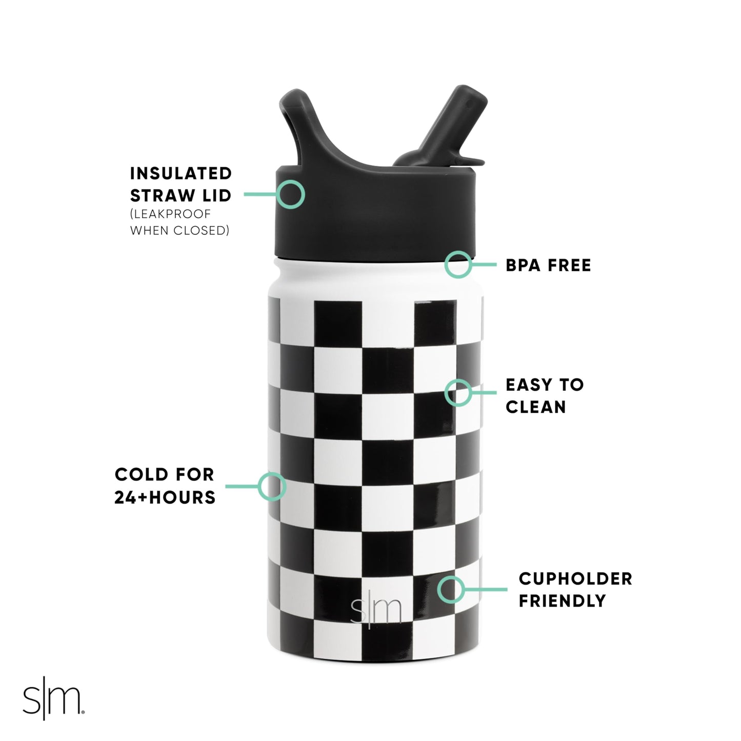 Simple Modern Kids Water Bottle with Straw Lid | Insulated Stainless Steel Reusable Tumbler for Toddlers, Boys and Girls | Summit Collection | 14oz, Black and White Checkmate