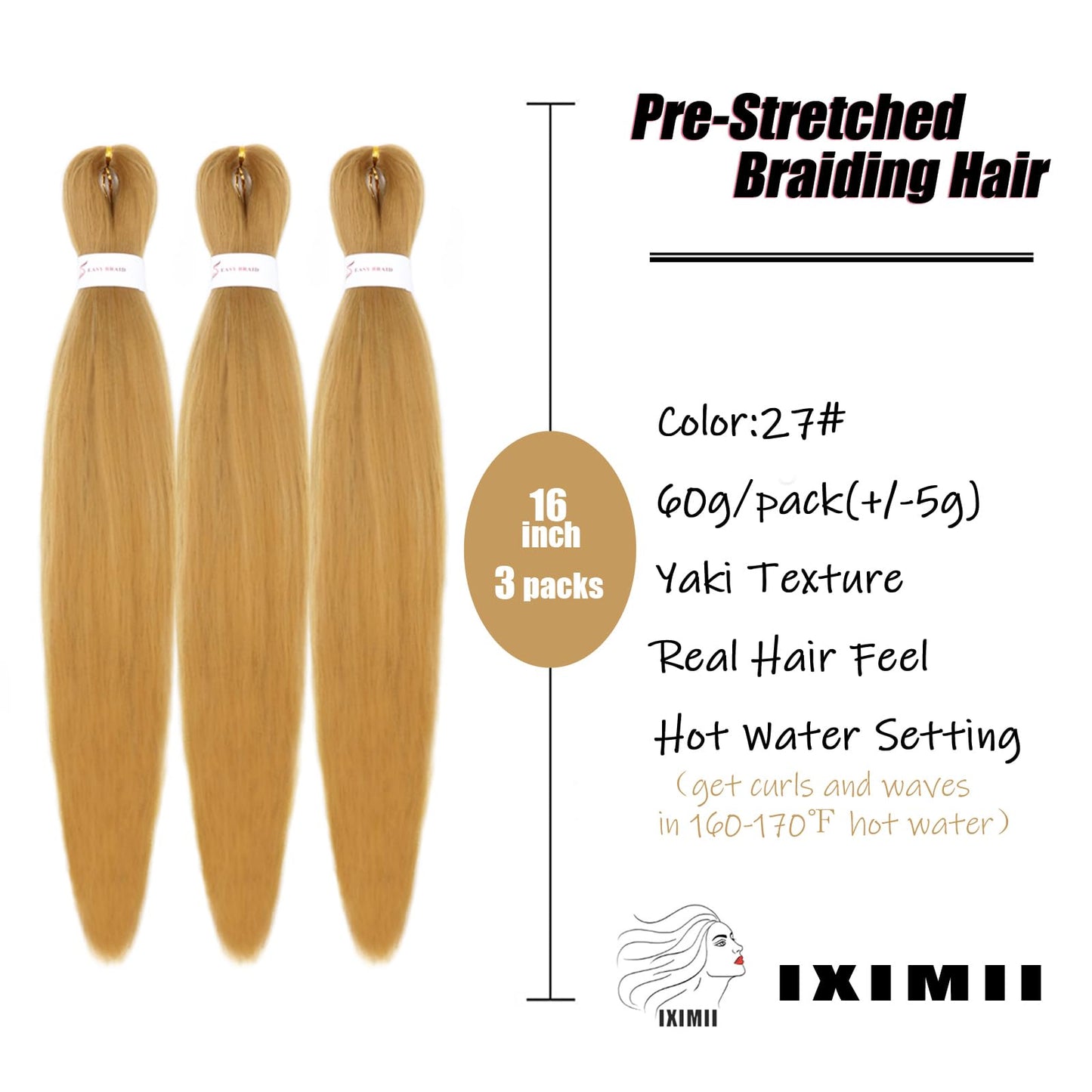 IXIMII #27 Braiding Hair Pre Stretched 16 inch 3 packs Prestretched Kanekalon Hair Honey Blonde Color Straight Braids Soft Yaki Texture Synthetic Hair Extensions