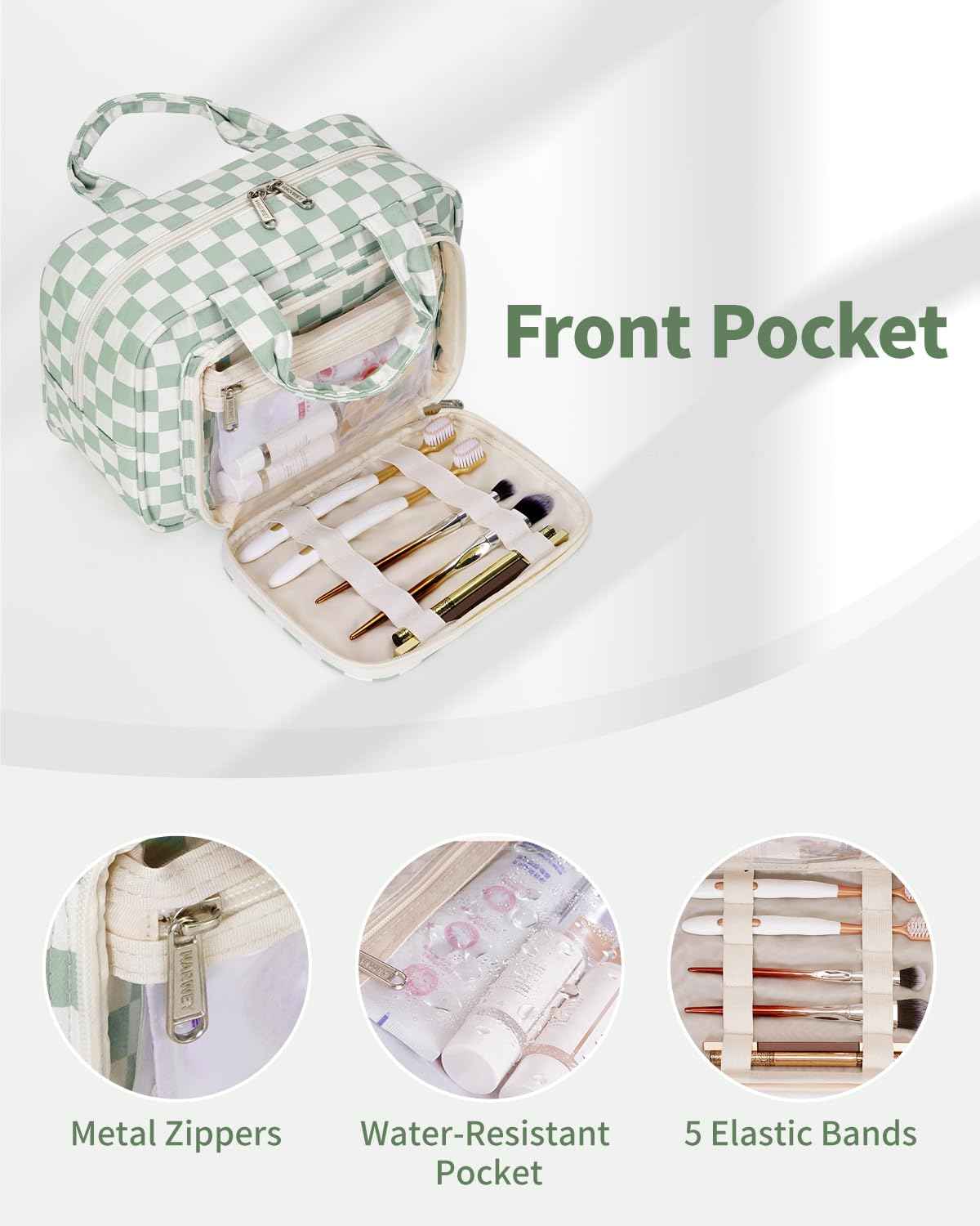 Narwey Large Travel Toiletry Bag for Traveling Women, Cosmetic Makeup Bag Make Up Organizer, Checkered Travel Bag for Toiletries with Handle (Mint Green Checkerboard)