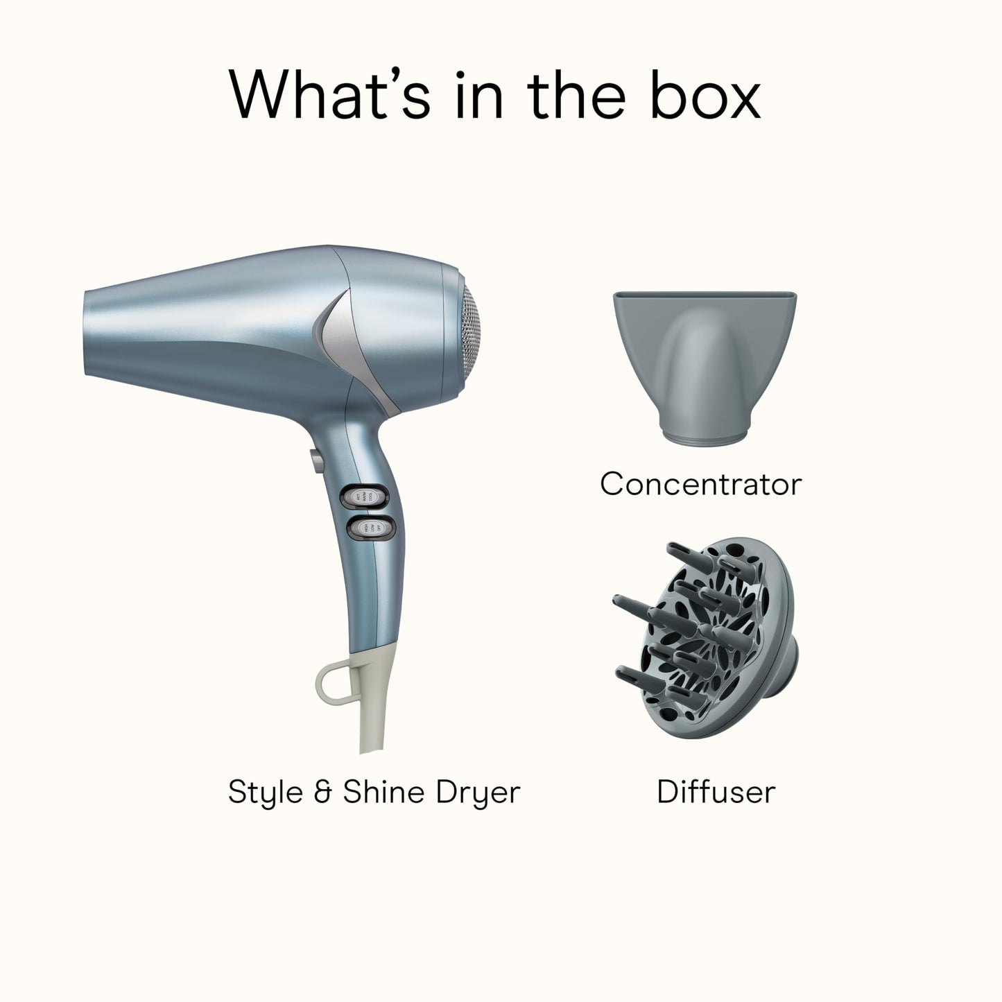 Infiniti PRO CONAIR Hair Dryer with Diffuser and Concentrator, 1875W Style & Shine Blow Dryer with Tourmaline and Ionic Conditioning to Fight Frizz, 3 Heat & 2 Speed Settings, Blue