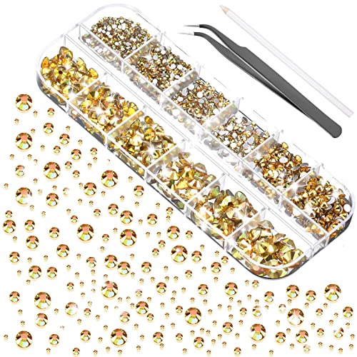 2000 Pieces Flat Back Gems Rhinestones 6 Sizes (1.5-6 Mm) Round Crystal Rhinestones with Pick up Tweezer and Rhinestones Picking Pen for Crafts Nail Clothes Shoes Bags DIY Art(Metallic Sunshine)