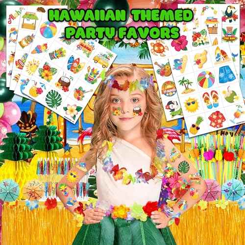 96 PCS Hawaiian Luau Pre-Cut Temporary Tattoos for Kids | Super Cute Themed Birthday Party Favors, Supplies, Decorations, Summer Fake Tattoo Stickers (Multiple)