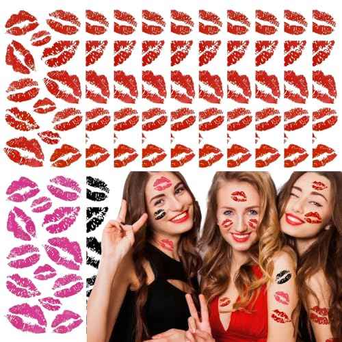 156Pcs Red Lip Kiss Tattoos Temporary - 12Sheets Pink Black Lip Prints Temporary Tattoos for Face Body Waterproof Bright Color Kisses Sticker