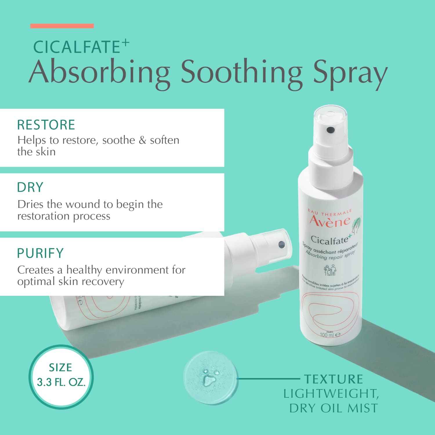 Avène Cicalfate+ Absorbing Soothing Spray to dry and restore irritated, sensitive skin, helps restore skin barrier, safe for infants, children and adults