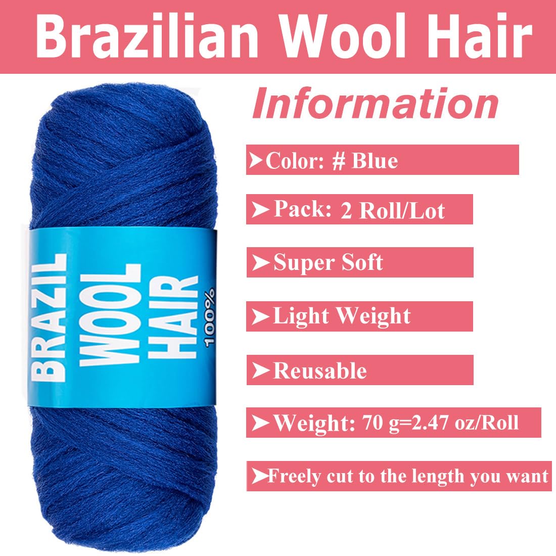 COOKOO 2 Roll Blue Brazilian Wool Hair for Senegalese Twist Box Braids Faux Locs Jumbo Braids African Hair Braiding Dreadlocks Twist Wraps Synthetic Hair Extensions 70G/Roll(Blue#)