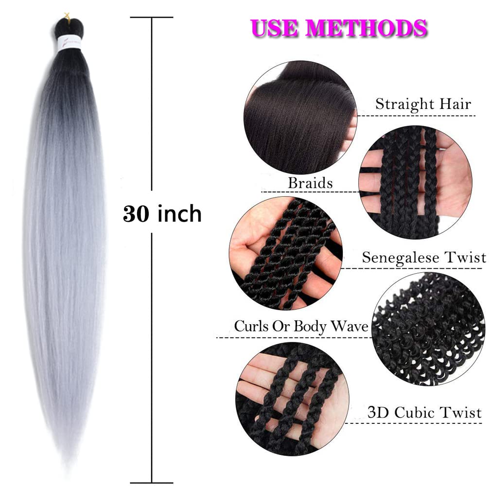 Pre Stretched Braiding Hair Extensions 30 Inch 6 Packs Long Professional Crochet Twist Braids Hair High Temperature Synthetic Fiber Yaki Texture(30",black-silver grey)