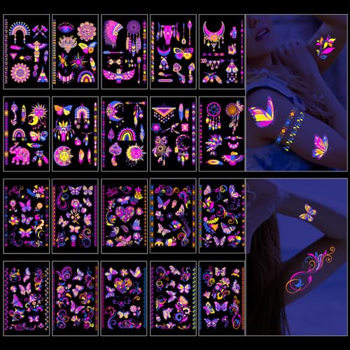 Glow in the Dark Temporary Tattoos - 20 Sheets, 200+ Styles