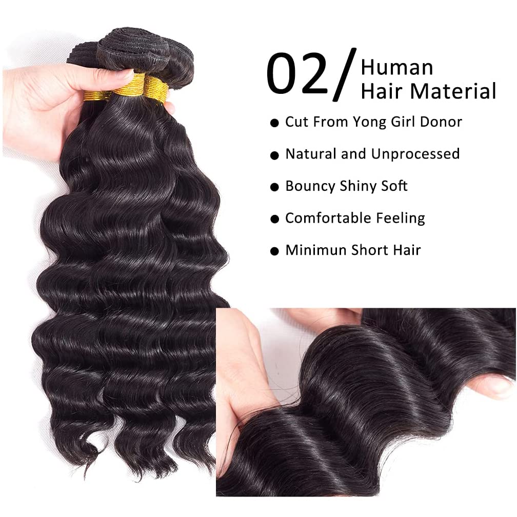 Loose Deep Wave Bundles Human Hair 4 Bundles 20 22 24 26 Inch 100% Unprocessed Brazilian Virgin Human Hair Bundles Loose Deep Wave Human Hair Weave 4 Bundles Can Be Dyed and Bleached Natural Black