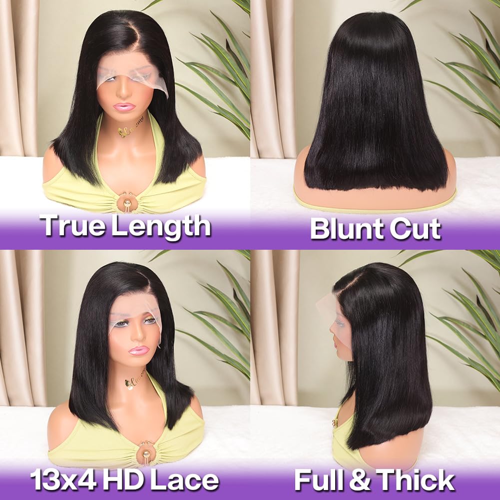 HIRIREMY Lace Front Bob Wigs Human Hair 13x4 HD Lace Glueless Bob Wig Human Hair Short Straight Frontal Bob Wigs for Black Women Human Hair Pre Plucked with Baby Hair Side Part 180% Density 14 Inch