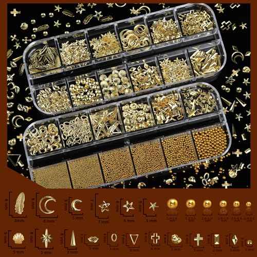 Teenitor Gold Nail Charms and Gems Set, 4 Boxes Nail Gems Nail Pearls Nail Art Tools, 3D Cross Nail Charms Heart Nail Rhinestones for Nails Supplies, Charms for Nails Design Nail Art Kit