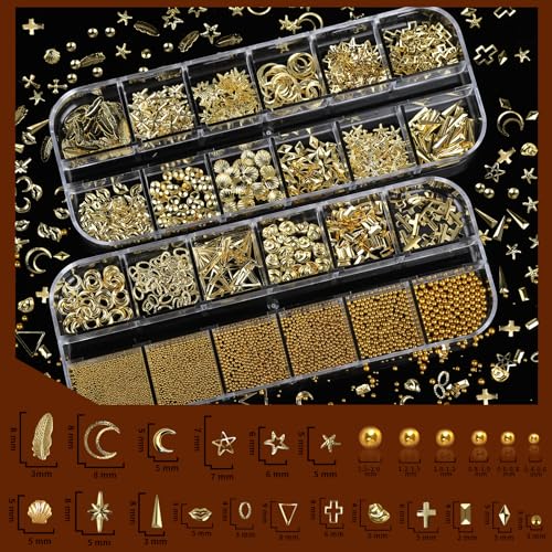 Teenitor Gold Nail Charms & Gems Set - 4 Box Nail Art Supplies Kit for Manicure