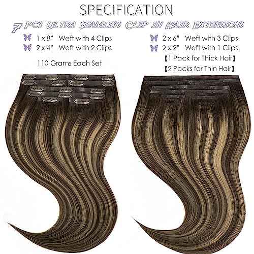 Lacer Hair Remy Hair Seamless Hair Extensions Clip in 18 Inch Balayage Chestnut Brown Mixed Dark Brown 110g 7pcs PU Clip in Hair Extensions Human Hair Thick with PU Weft for Women R#2-2/6