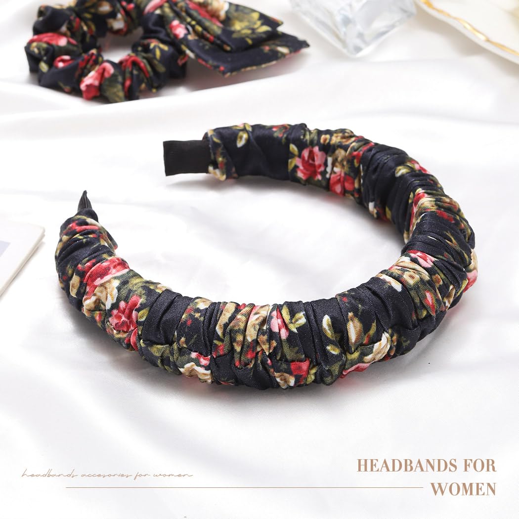 Bessney Women's Boho Headband Elastic Ruched Scrunchies Headbands Non Slip Floral Printed Hair Bands Fashion Hair Hoop Hair Accessories for Women