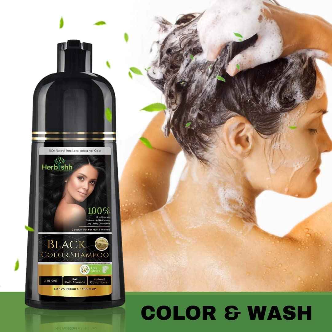 Herbishh Combo Hair Color Shampoo for Gray Hair (Black) 500ml + Argan Hair Oil 30ml