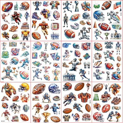 12 Sheets Football Sports Temporary Tattoos for Adult, American Football Themed Birthday Party Decorations Favors Supplies, Cartoon Foot ball Sports Tattoo Sticker Q1007