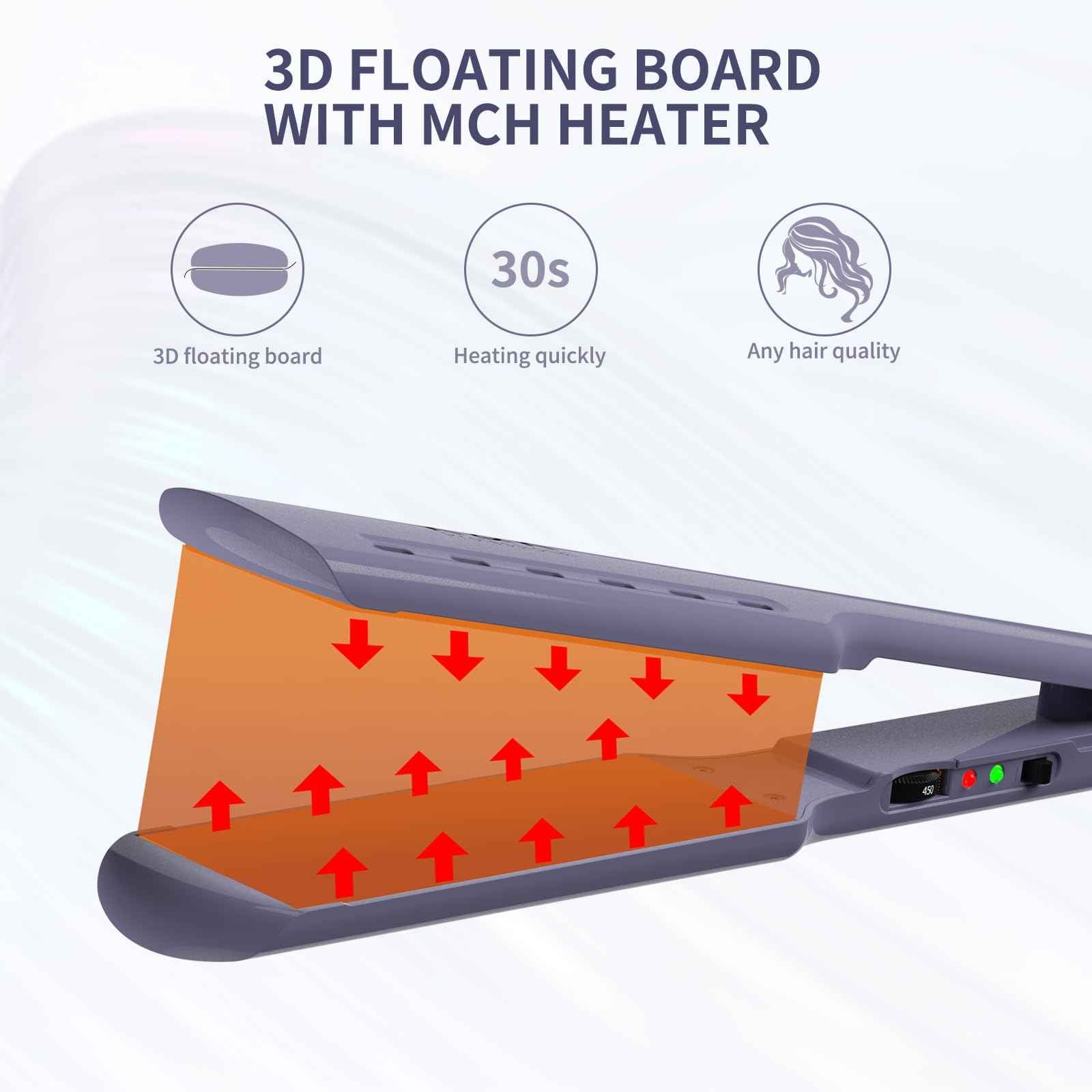 K&K 1.73 Hair Straightener for Thick Hair, Extra Wide Flat Iron with Adjustable Temperature(290-450℉) Ceramic Coated Floating Panel, 30s Fast Heating, Dual Voltage, for Thick Curly Hair