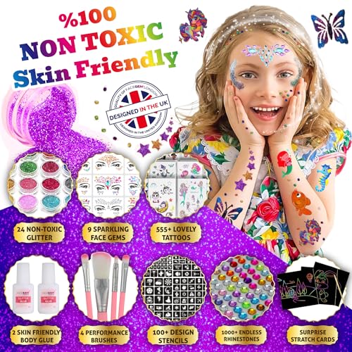 Glitter Tattoos for Kids, Glitter Tattoo kit, Face Gems, Rhinestones, Temporary Tattoos, Face Glitter Festival, face gems Stick on, Festival Accessories, face gem for Festivals,Girls Birthday Present