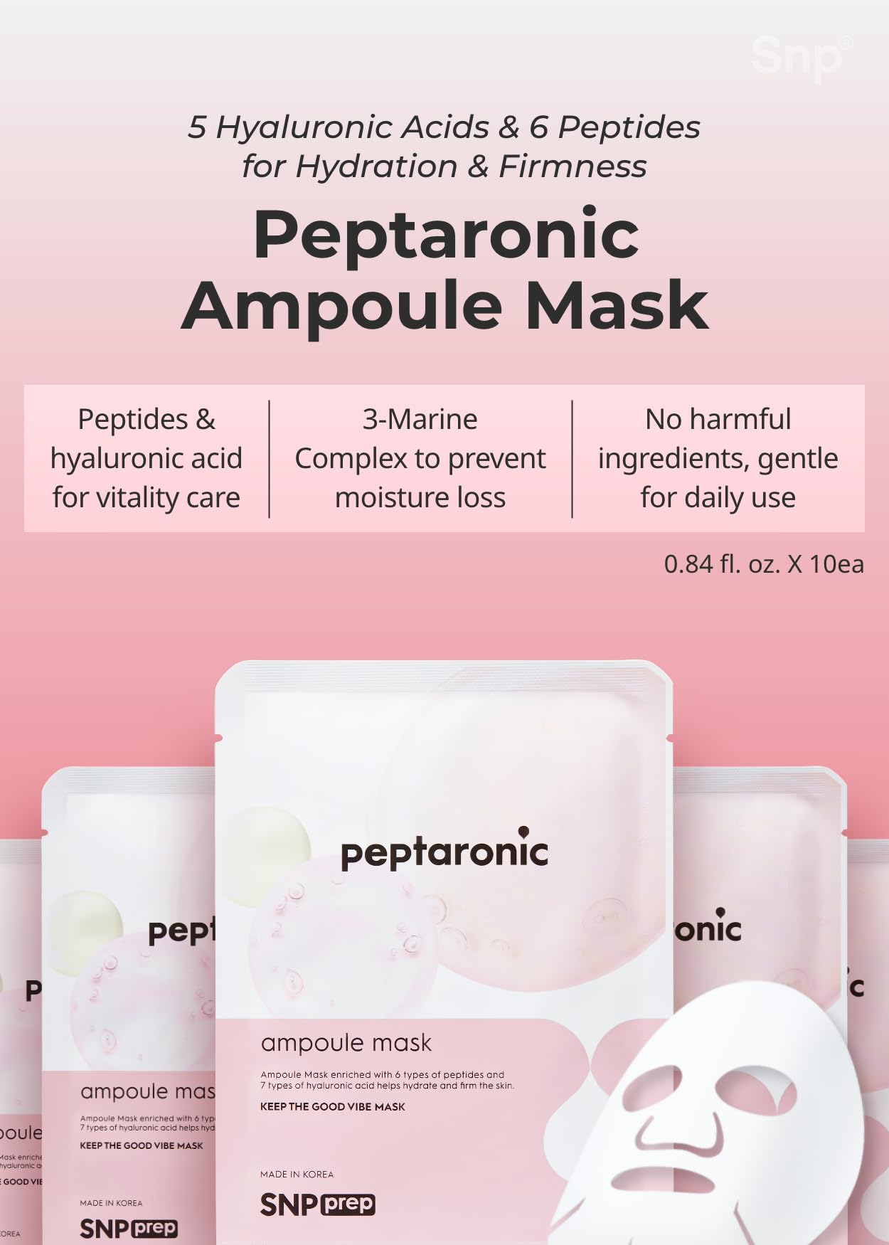 [K Beauty Snp] 4-in-1 Peptaronic Skincare Set | Peptide and Hyaluronic Acid Complete Skin Care Set | Includes Facial Toner, Cream, Face Serum, and Ampoule Sheet Face Masks | Skin Care Gift Set of 1