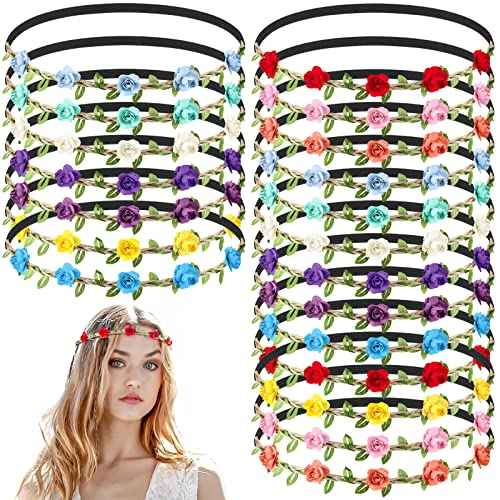 Chuangdi 50 Pcs Multicolor Flower Headband, Floral Crowns Wreath Garland, Bohemian Fairy Ribbon Hair Band for Girl Women, Wedding, Vacation, Party, Daily Wear