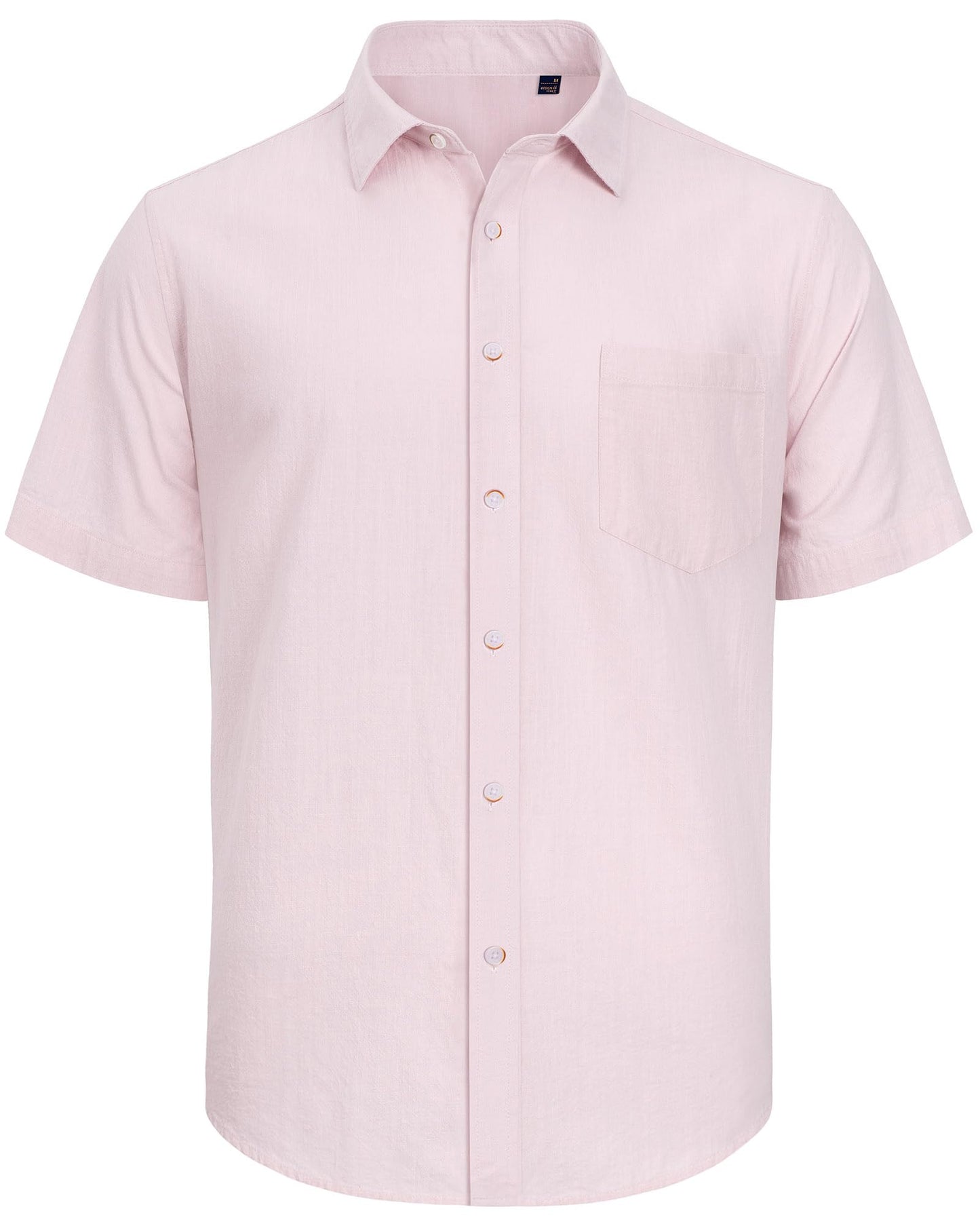 J.VER Men's Linen Cotton Button Down Shirt Lightweight Casual Wedding Short Sleeve Shirt Summer Beach Top with Pocket Light Pink Medium