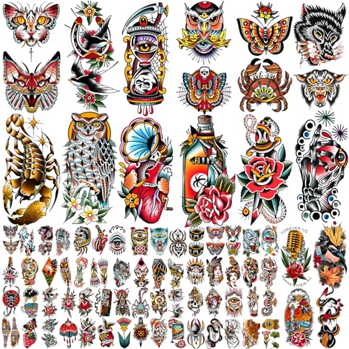 Waterproof Temporary Tattoos for Men Women Kids - 77 Sheets