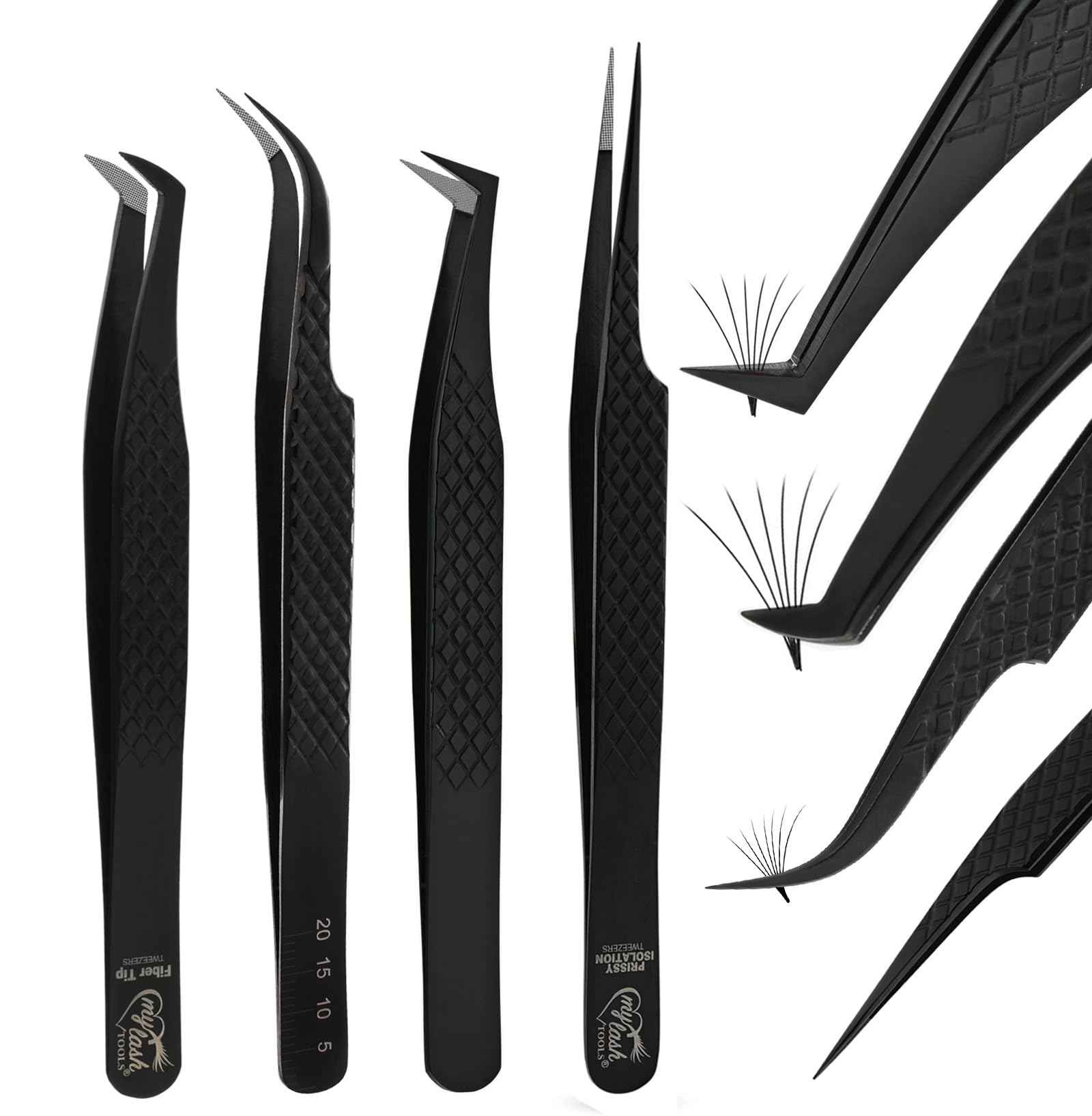 My Lash Tools Eyelash Extension Tweezers Fiber Tip Lash Tweezers, Precision Boot Fiber Tip Volume Tweezers for Lash Extensions Japanese Steel Curved & Isolation Tweezer pinzas para pestaas (4pcs Set)