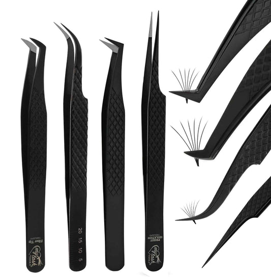 My Lash Tools Eyelash Extension Tweezers Fiber Tip Lash Tweezers, Precision Boot Fiber Tip Volume Tweezers for Lash Extensions Japanese Steel Curved & Isolation Tweezer pinzas para pestaas (4pcs Set)
