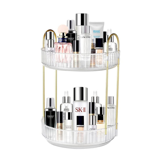 2 Tier Rotating Makeup Organizer for Vanity, Bathroom Makeup Carousel Spinning Holder Rack, 360 Degree Perfume Organizer, Large Capacity Cosmetics Storage Box Vanity Shelf Countertop