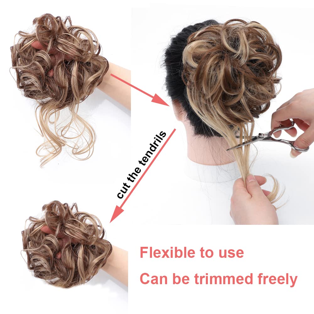 KETHBE Messy Bun Hair Piece Tousled Updo Hair Buns Extension Elastic Hair Band Hair Pieces Curly Hair Bun Scrunchie For Women (Brown Mix Ash Blonde)