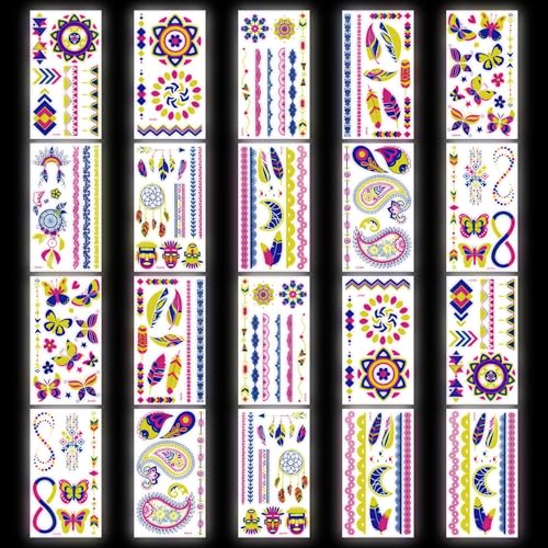 Glow in the Dark Neon Temporary Tattoos - 20 Sheets, 170+ Unique Designs for Party Rave Festival