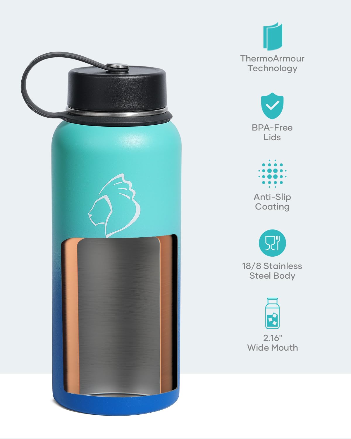 BUZIO Stainless Steel Water Bottle (Cold for 48 Hrs, Hot for 24 Hrs), 32 oz Vacuum Insulated Water Bottle with Straw Lid and Flex Cap (Double Wall, Wide Mouth, BPA Free, Leak Proof), Caribbean Blue