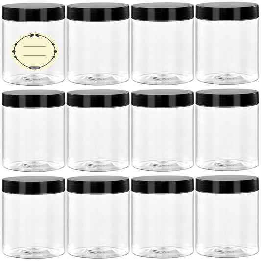 TUZAZO 8 Oz Plastic Container Jars with Lids and Labels BPA Free, Empty Round Clear Cosmetic Containers Plastic Slime Jars for Lotion, Cream, Ointments, Body Butter, Makeup, Travel Storage (12 Pack)