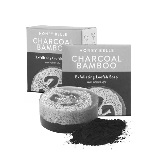 Honey Belle Charcoal Bamboo Exfoliating Loofah Soap 2-Pack - Exfoliating Bar Soap with Loofah Inside - Cleansing, Moisturizing, Nourishing, Scrubby Soap - Plant-Based, Eco-Friendly, Vegan