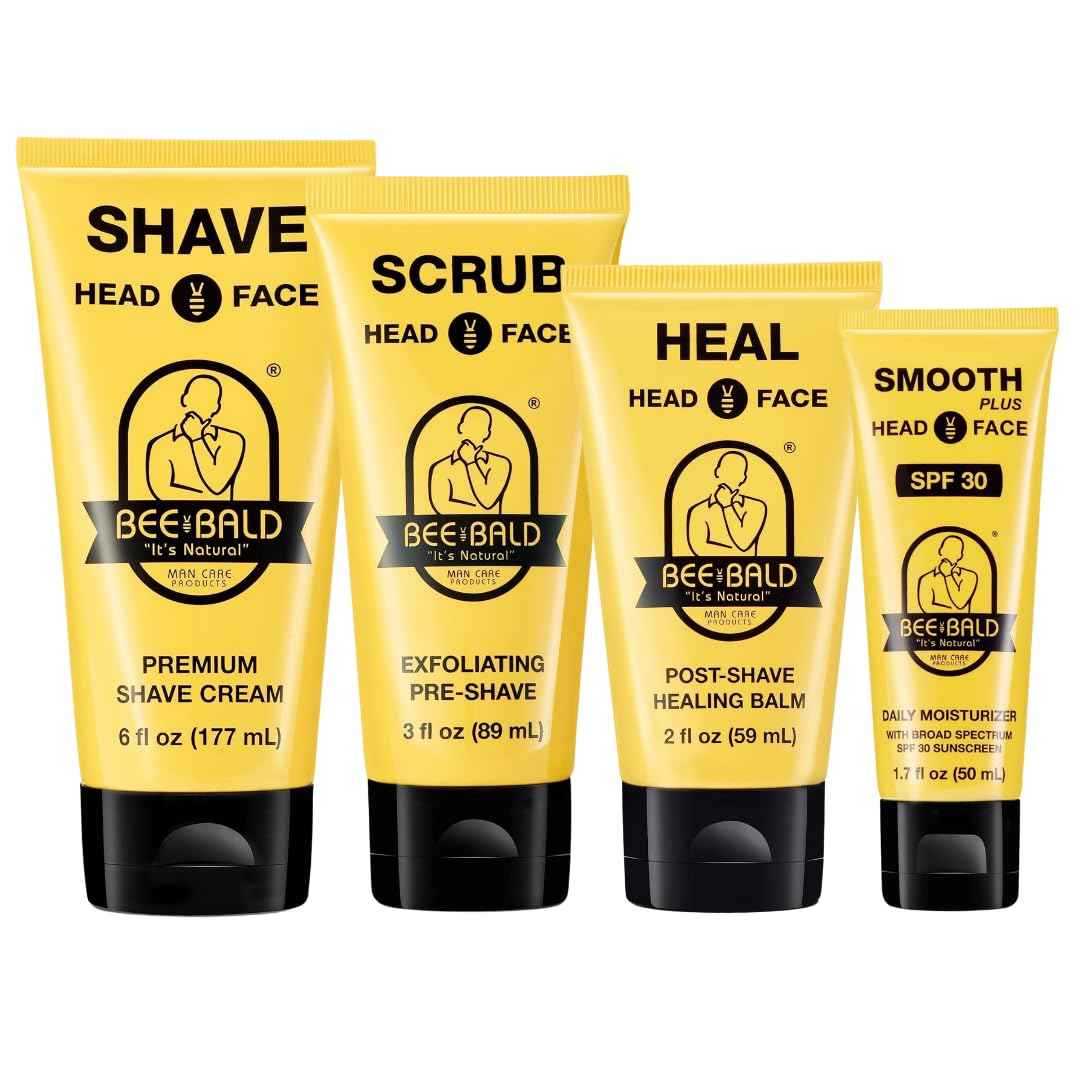 Bee Bald 4-Pack with HEAL Post-Shave Healing Balm, SHAVE Premium Shave Cream, SCRUB Exfoliating Pre-Shave, and SMOOTH PLUS Daily Moisturizer with SPF 30