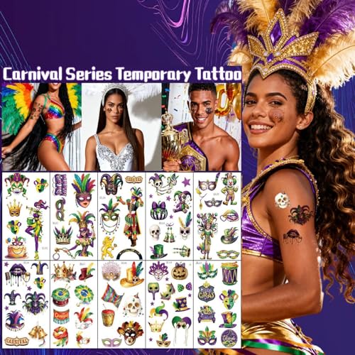 Carnival Temporary Tattoos - 10 Pack Masks, Crowns & Feathers