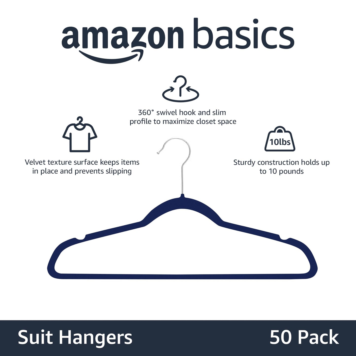 Amazon Basics Slim, Velvet, Non-Slip Suit Clothes Hangers, Navy Blue/Silver - Pack of 50