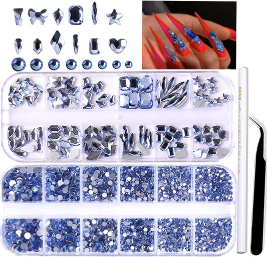 BELICEY Nail Art Rhinestones Light Blue Flatback Round Rhinestones Charms Nail Gem Stones with K9 Bling Glass Crystals Diamonds Jewelry for Nail Design DIY Crafts Face Decoration